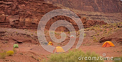 Camping in the desert amidst sandstone rock Stock Photo