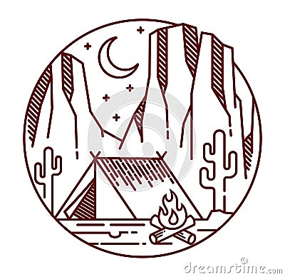 Camping in the desert line illustration Vector Illustration