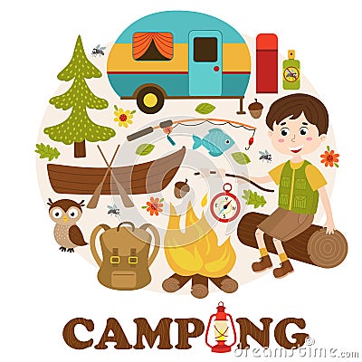 Camping elements and boy Vector Illustration