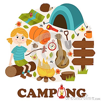 Camping elements and girl Vector Illustration