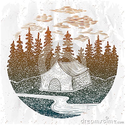 Camping emblem, adventure sign with forest, tent and clouds Vector Illustration