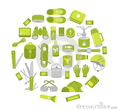Camping equipment set. Circle. Hiking kit. Tourism travel trekking. Flat vector green colour illustration. Vector Illustration