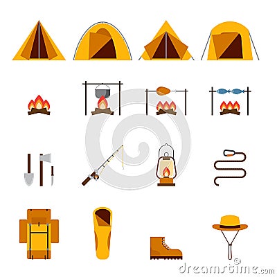 Camping equipment vector icons set Vector Illustration