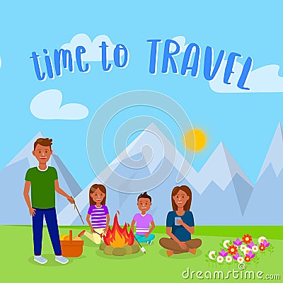 Camping with Family Vector Postcard with Text Vector Illustration
