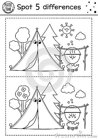 Camping find differences game for children. Black and white activity and coloring page with cute smiling kawaii tent, sun, boiler Vector Illustration