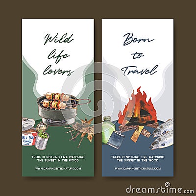 Camping flyer design with canned food, grill stove watercolor illustration Cartoon Illustration