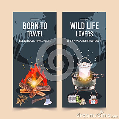 Camping flyer design with grill stove, camp pot, bonfire watercolor illustration Cartoon Illustration