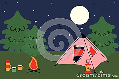 Camping in forest. Adventure vacation. Hiking tourism. Nature landscape. Nighttime campground scenery. Fir trees. Tent Vector Illustration