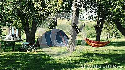 Camping in the garden. Summer morning tents in the apple orchard Stock Photo