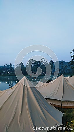 a camping ground in the mountains, precisely in the Java area, west with views of the lake and trees which add to the coolness Stock Photo