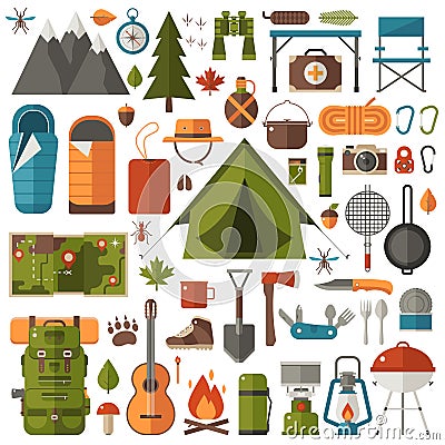 Camping and Hiking Equipment Set Vector Illustration