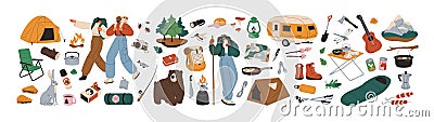 Camping and hiking equipment, supplies set. Adventure, trekking kit, tourists tools. Tent, backpack, picnic table, food Vector Illustration
