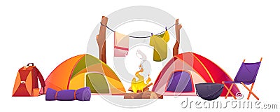 Camping and hiking equipment, tents and tools set Vector Illustration