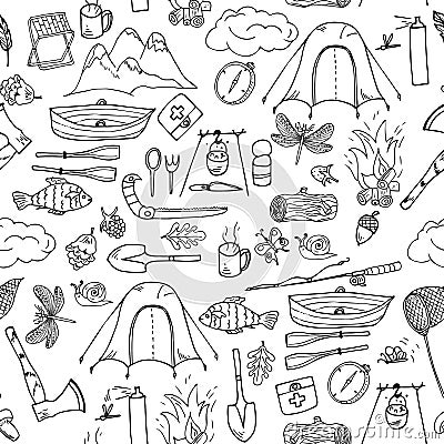 Camping, hiking, fishing, forest camp seamless pattern. Vector Illustration