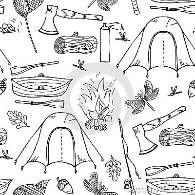 Camping, hiking, fishing, forest camp seamless pattern. Vector Illustration