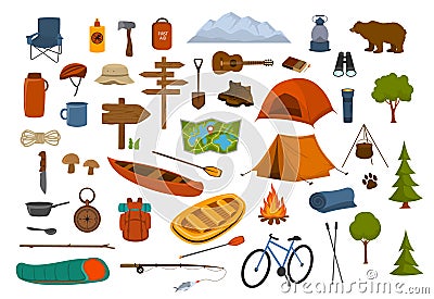 Camping hiking gear and supplies graphics Vector Illustration