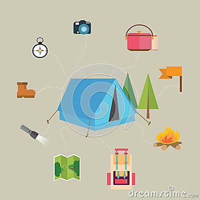 Camping hiking icon set of map tent compass flag adventure illustration Vector Illustration