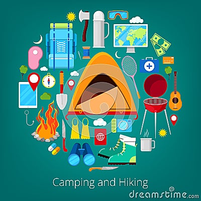 Camping and Hiking Icons. Healthy Lifestyle Concept with Tent and Camper Equipment Vector Illustration