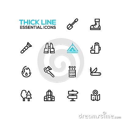 Camping and Hiking - line icons set Vector Illustration