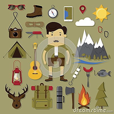 Camping and hiking set Vector Illustration