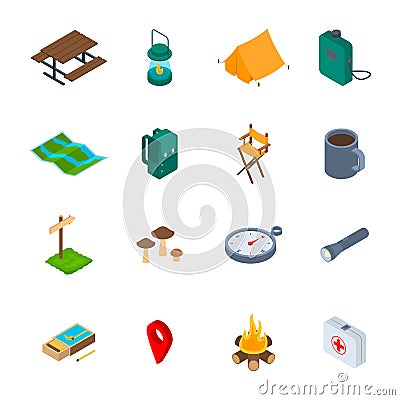 Camping Hiking Sign 3d Icon Set Isometric View. Vector Vector Illustration