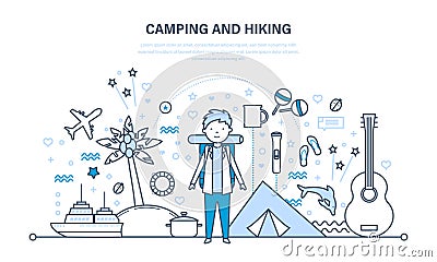 Camping and hiking. Summer travel, hiking equipment, active rest outdoors. Vector Illustration