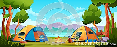 Camping hiking tents, tourist equipment on nature Vector Illustration