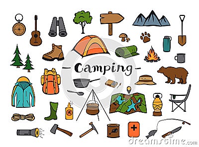 Camping hiking travel roadtrip adventure gear Vector Illustration