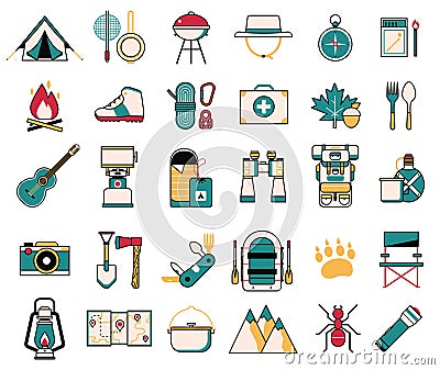 Camping and Hiking Wanderlust Line Art Icons Vector Illustration