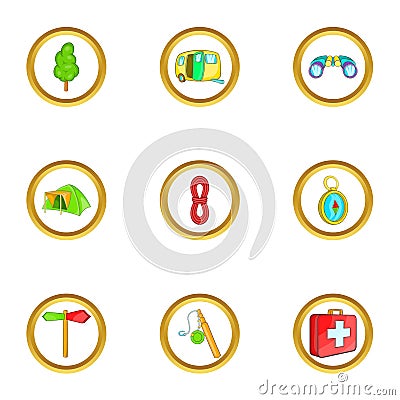 Camping holiday icons set, cartoon style Vector Illustration