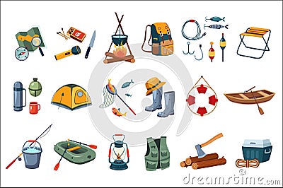 Camping icon set. Tourist equipment, items for fishing. Outdoor activity. Summer recreation. Flat vector design Vector Illustration