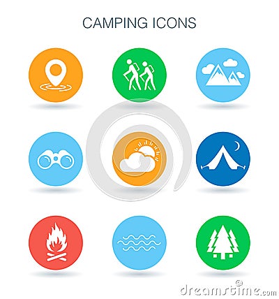 Camping icons. Camp site symbols. Outdoor adventure signs. Vector Vector Illustration