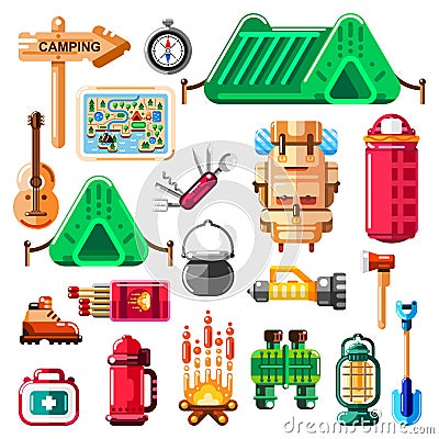 Camping icons and isolated design elements set. Vector camp stuff, equipment and tools Vector Illustration