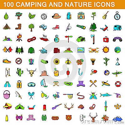 100 camping icons set, cartoon style Vector Illustration