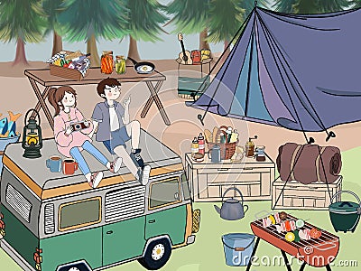 Camping illustration. People caravan camp relaxing in forest. Campground for group. Friends on recreation Cartoon Illustration