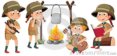 Camping kids with bonfire Vector Illustration