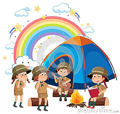 Camping kids with rainbow Vector Illustration