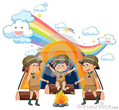 Camping kids with rainbow in the sky Vector Illustration