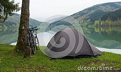 Camping by a lake Stock Photo