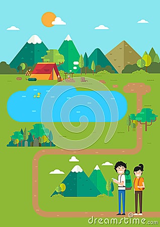 Camping landscape,campsite place in mountain lake Vector Illustration