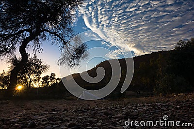 Camping on the Larapinta trail, Jay Creek Campsite, West MacDonnell Australia Stock Photo