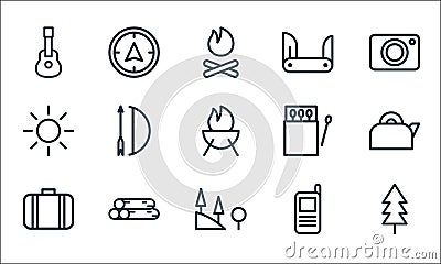 Camping line icons. linear set. quality vector line set such as tree, hill, suitcase, walkie, wood, sun, matches, blade, compass Vector Illustration