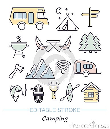 Camping line icons set. Vector illustration with editable stroke Vector Illustration