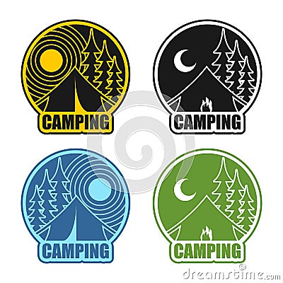 Camping logo day and night. Landscape with tent and forest. Emblem Accommodation in camp. Sun and moon. Fire at booth Vector Illustration