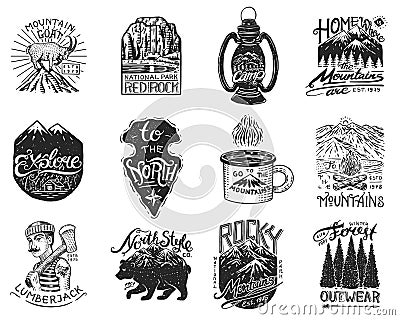 Camping logo and labels. Mountains and lumberjack, brown bear, mountain goat, pine trees. Trip in the forest, outdoor Vector Illustration