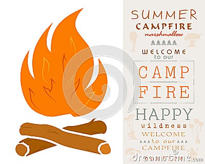 Camping Logo. Simple Campfire. Bonfire with Firewood. Lettering for Your Design Vector Illustration