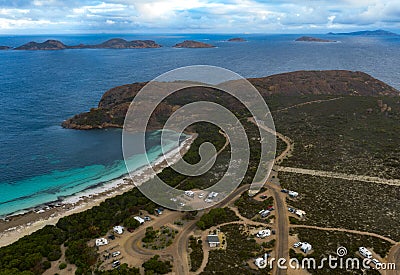 Camping and Lucky bay beach from bird view Stock Photo