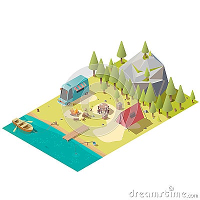 Camping on mountain lake shore isometric vector Vector Illustration