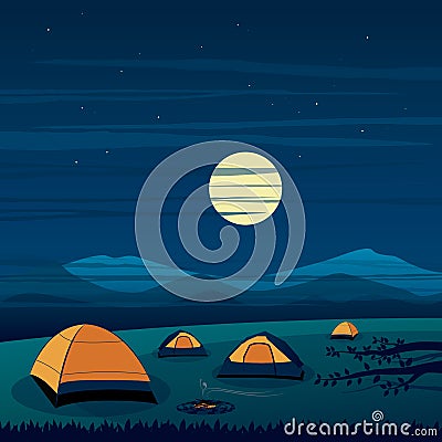 Camping on the Mountain Night Scene Vector Illustration