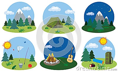 Camping and mountains with fir trees in nature. Vector Illustration